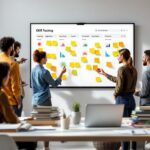 Équipe en pilotage OKR avec tableau de suivi et KPIs clairs