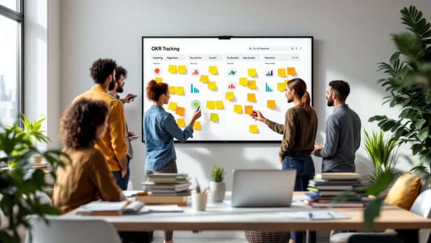 Équipe en pilotage OKR avec tableau de suivi et KPIs clairs